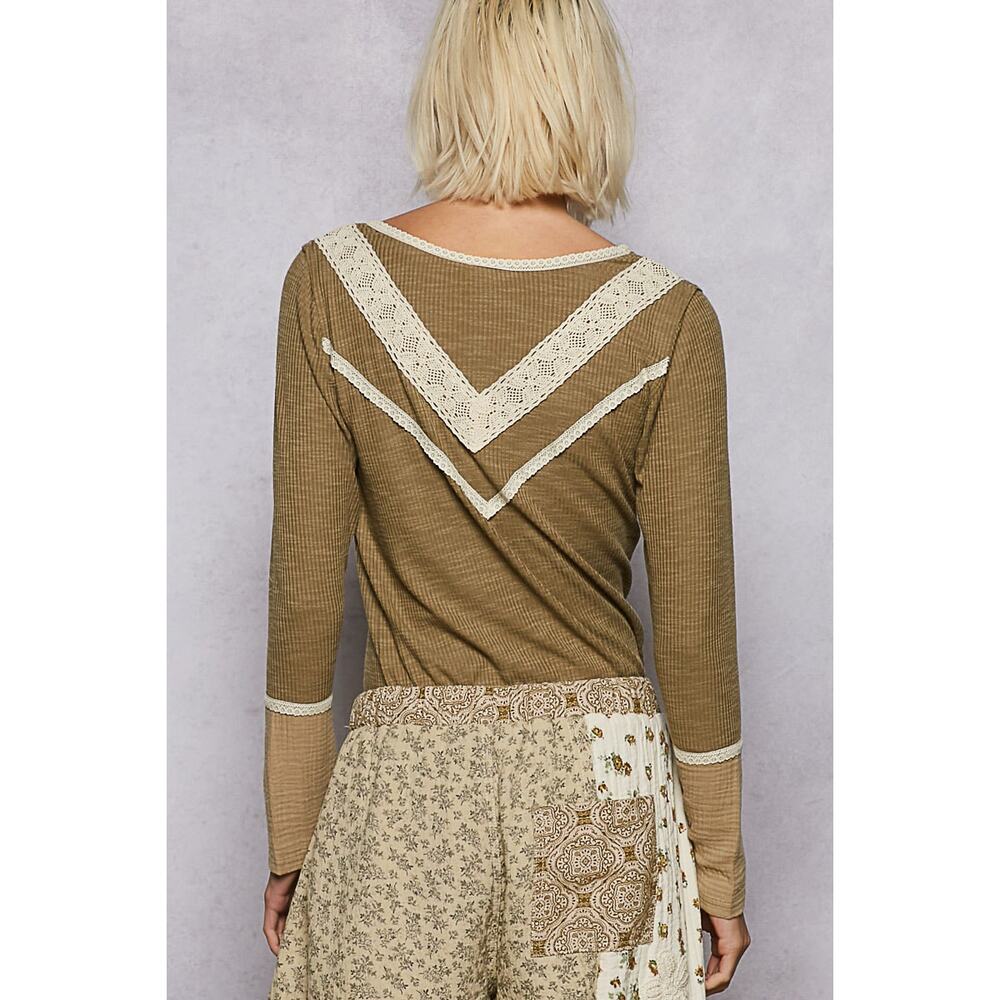 POL Half Button Lace Detail Long Sleeves Crew Neck Casual Rib Knit Top | Olive - Picture 2 of 6